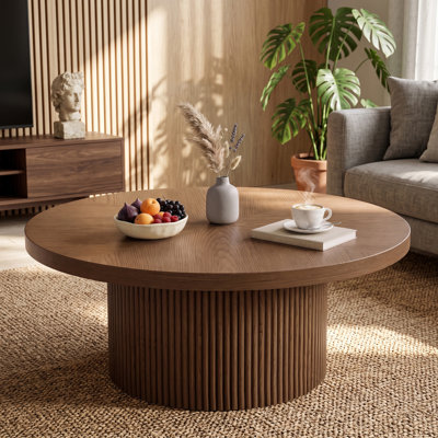 Table basse 36,2 "ronde cannelée en bois massif avec base cylindrique, table d'appoint moderne fabriquée à la main