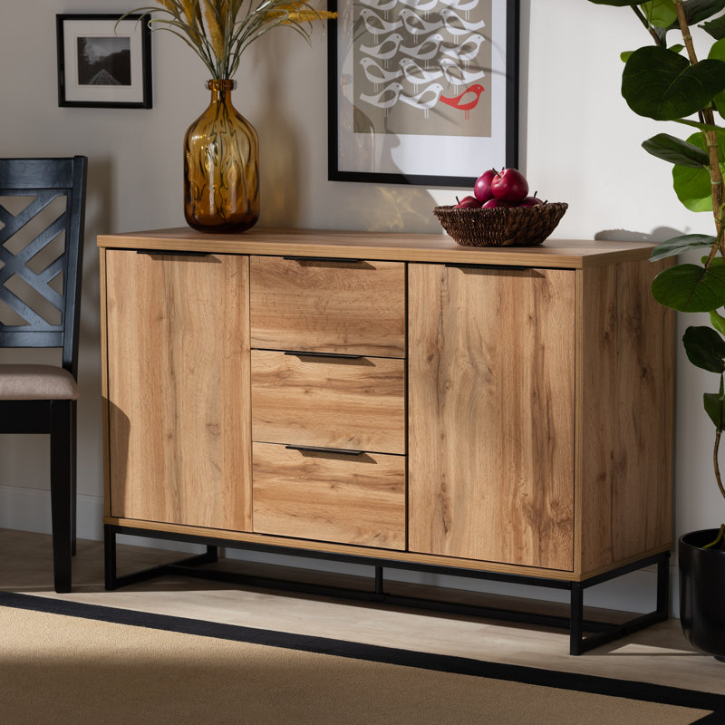 Reid Natural Oak and Black Metal Sideboard Buffet