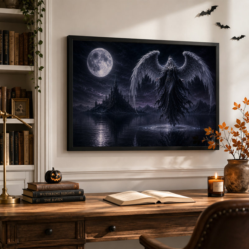 " Winged Woman Above Dark Castle Under Full Moon Halloween " Painting Print, 12"H x 18"W