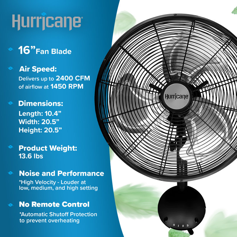 Hurricane Oscillating Wall Mounted Fan, 20.5" H x 16" W x 10.4" D