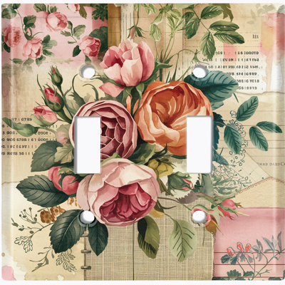 Couvercle de plaque d'interrupteur en métal; Bascule à 2 bandes US Standard - bouquet de roses rétro