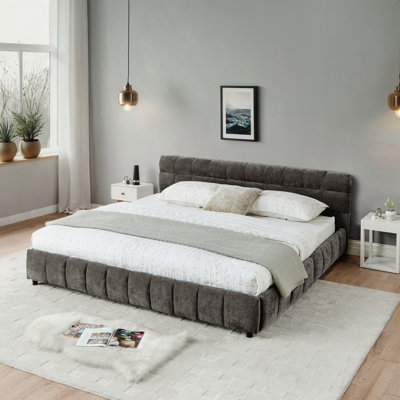 YDT California King Chenille Upholstered Bed Frame with Headboard and Storage Drawer, Dark Gray