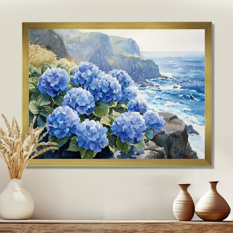 Hydrangées au bord de la mer, falaise I - hydrangées, impressions sur toile, Reproduction encadrée d'une seule photo, Doré