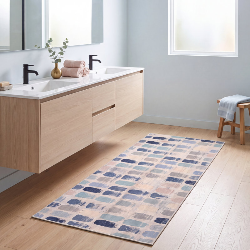 Tapis Clover moderne à rayures effet pinceau, bleu marine, turquoise, gris, crème et rose, lavable à la machine, antidérapant, à poils courts, pour l'intérieur et l'extérieur, adapté aux animaux domestiques, idéal pour le salon, la chambre, la salle à manger, l'entrée, le couloir ou le bureau.