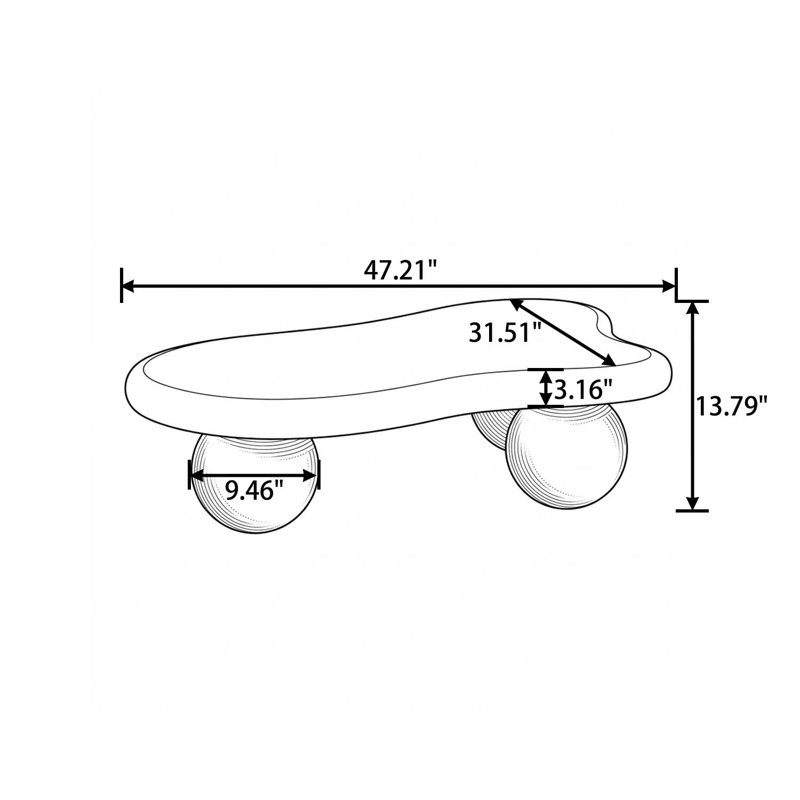 Modern 47" Cloud-Shaped Coffee Table with Three Ball Legs, Minimalist Low Accent Table for Living Room and Lounge Spaces