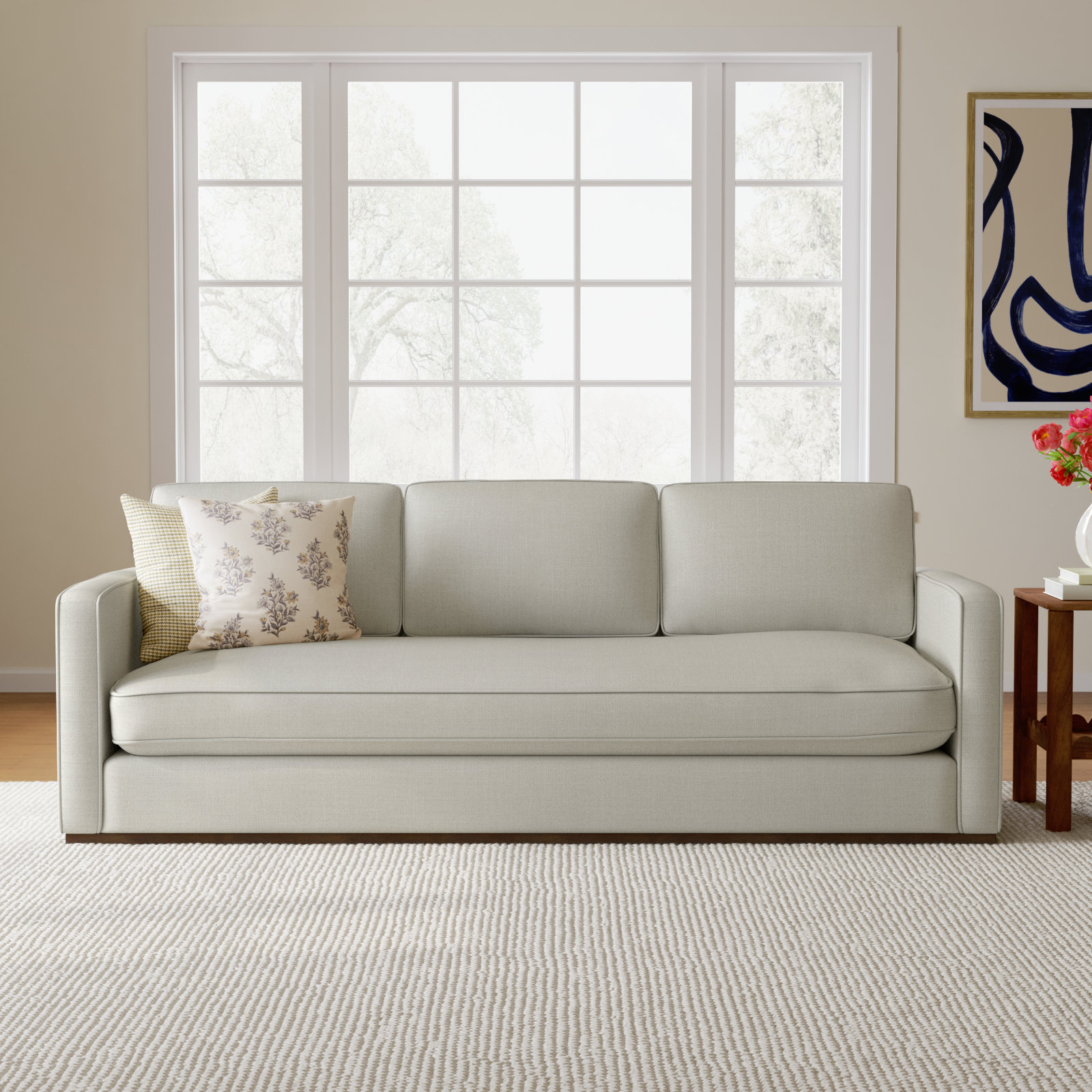 Bobbi 87'' Upholstered Sofa, Effie Linen Performance Weave, Walnut