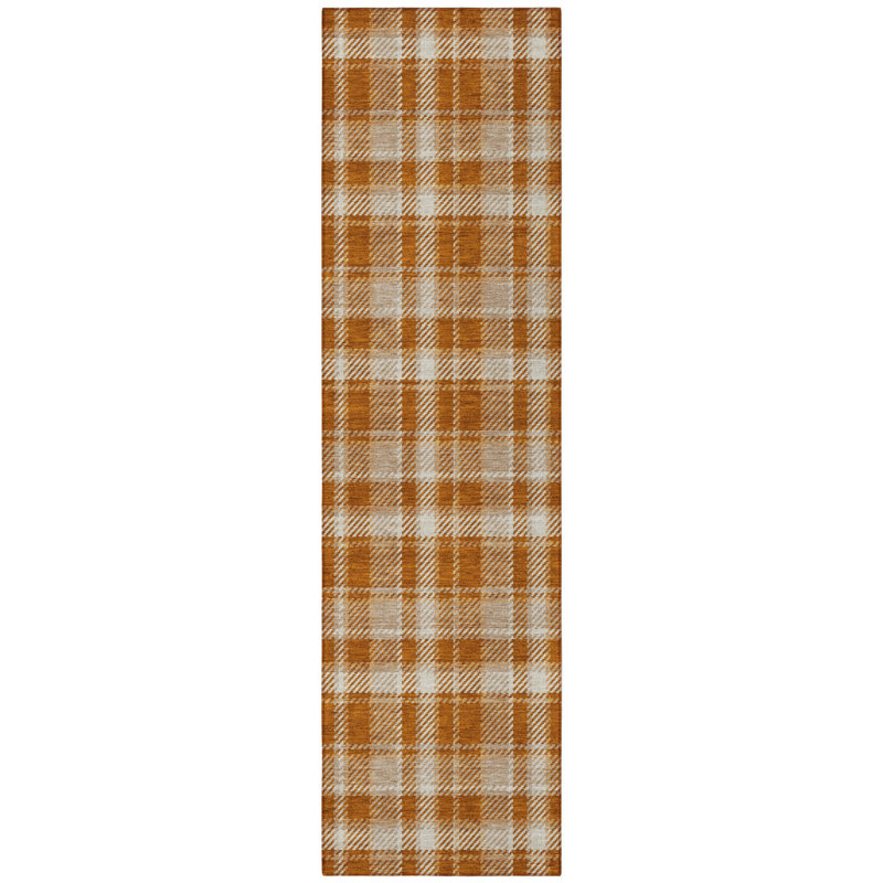 8' Runner Orange and Ivory Plaid Washable Non Skid Indoor Outdoor Runner Rug