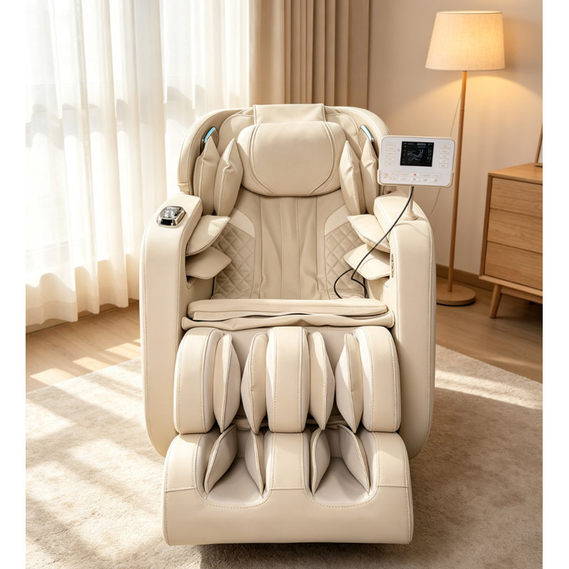 Fauteuil de massage sans gravité pour tout le corps, inclinable avec pétrissage et tapotement sur rail droit, montage facile, revêtement en similicuir, 16 coussins d'air, rouleaux de massage pour les pieds et éclairage d'ambiance.