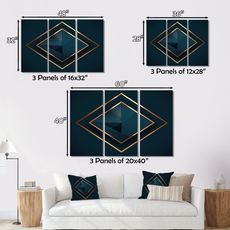 Rétro géométrie de diamant en bleu et or sur toile, 3 pièces, H 40 po x l 60 po x P 1 po