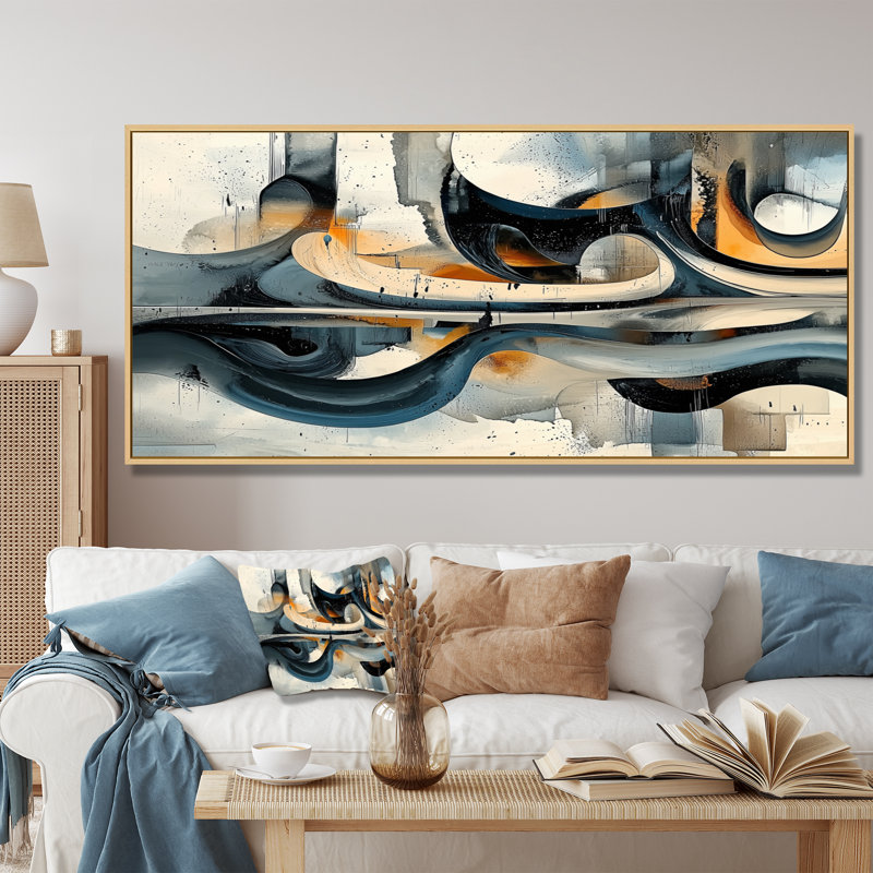 Art mural flou «Horizons flous de paysages géométriques II», H 28 po x l 60 po, Cadre flottant, Noir
