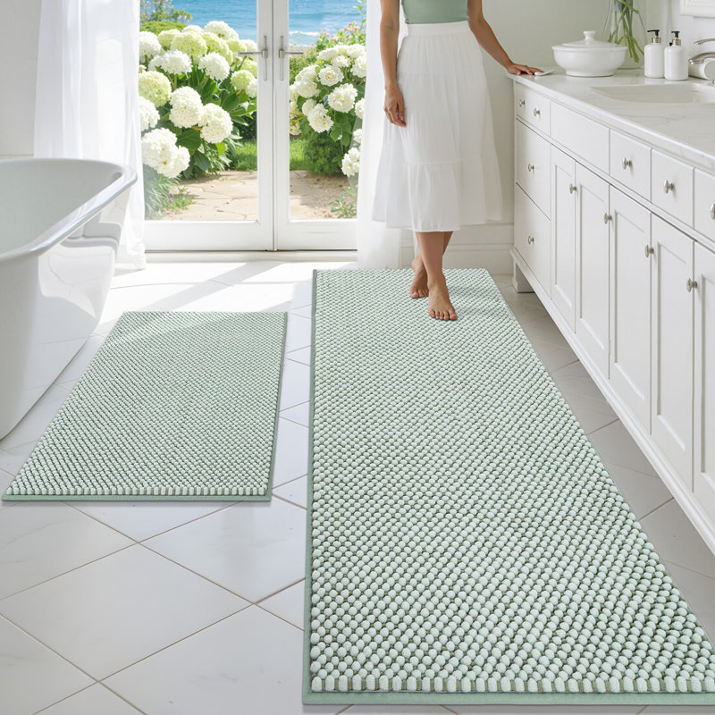 Thick Soft Absorbent Non Slip Boho Bath Mats, Mint Green, 22*59+20*32