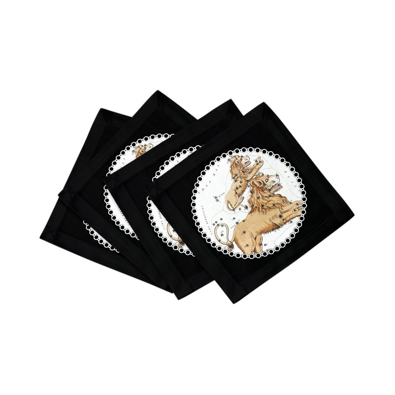 Zodiac Leo Cotton Sateen Cocktail Napkins, Black