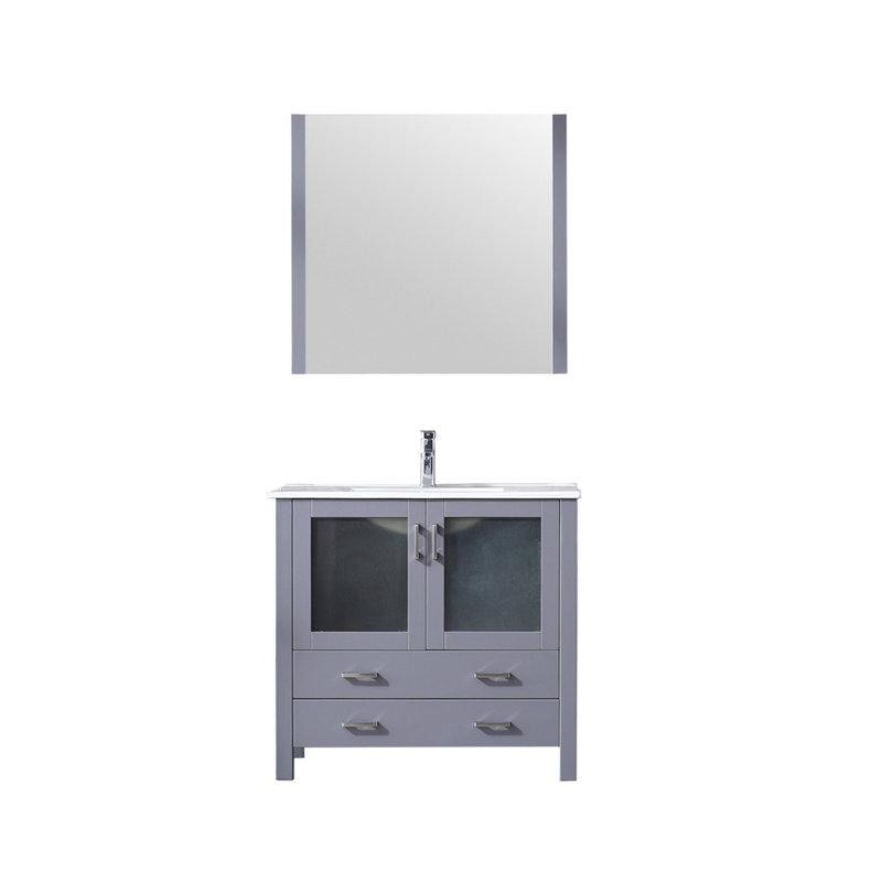 Volez 36 in W x 18.25 in D Single Bath Vanity, White Ceramic Top, 34 in Mirror and Chrome Faucet Set, Dark Grey