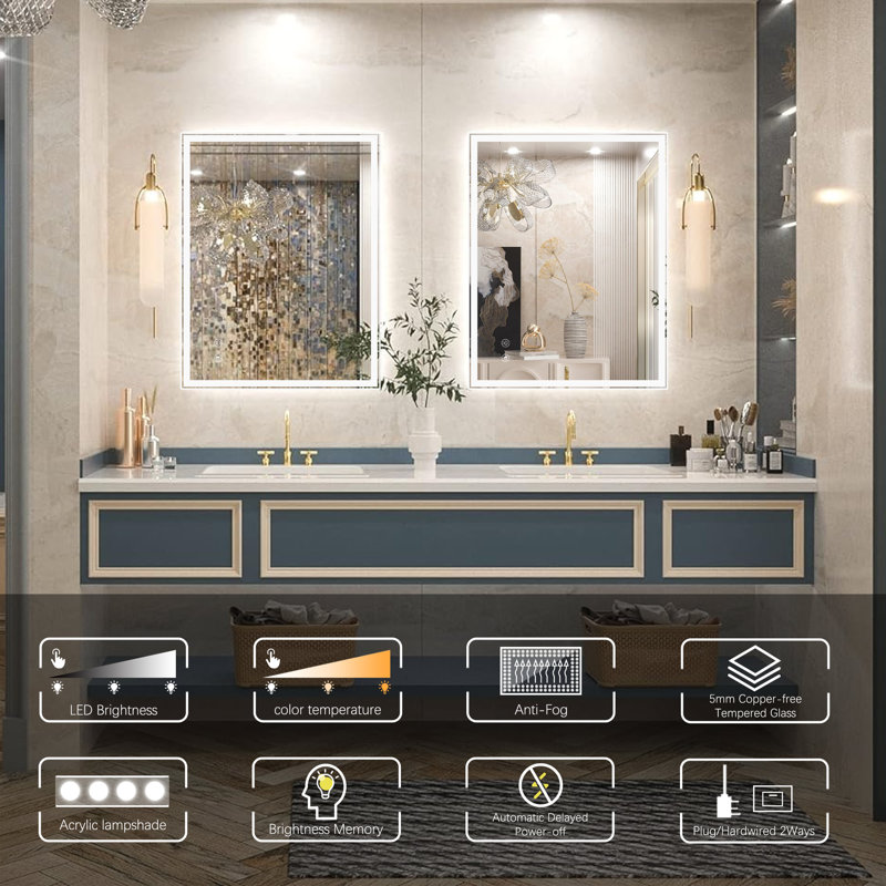 Ikeria Frameless LED Bathroom Vanity Mirrors with Anti-Fog, Dimmable Lights, and Shatterproof, 32" x 24"