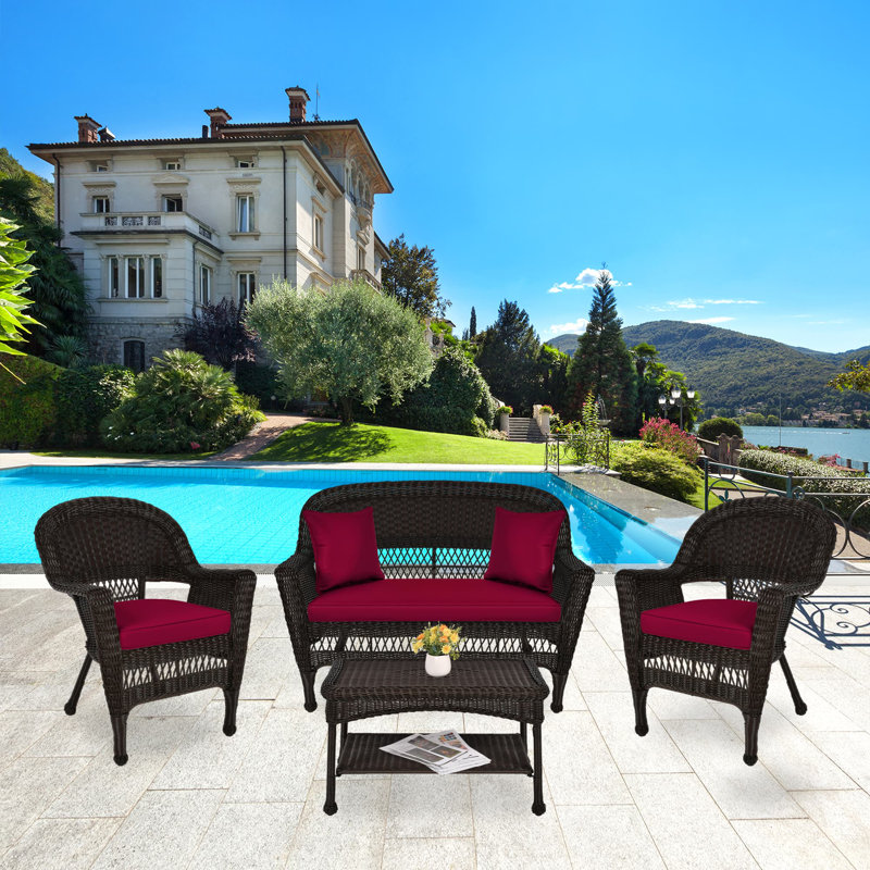 Cecilton 4 Piece Rattan Sofa Seating Group , Espresso, Burgundy