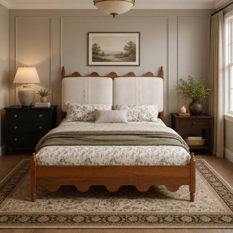 Cadre de lit plateforme en bois au design festonné vintage avec tête de lit rembourrée, Queen