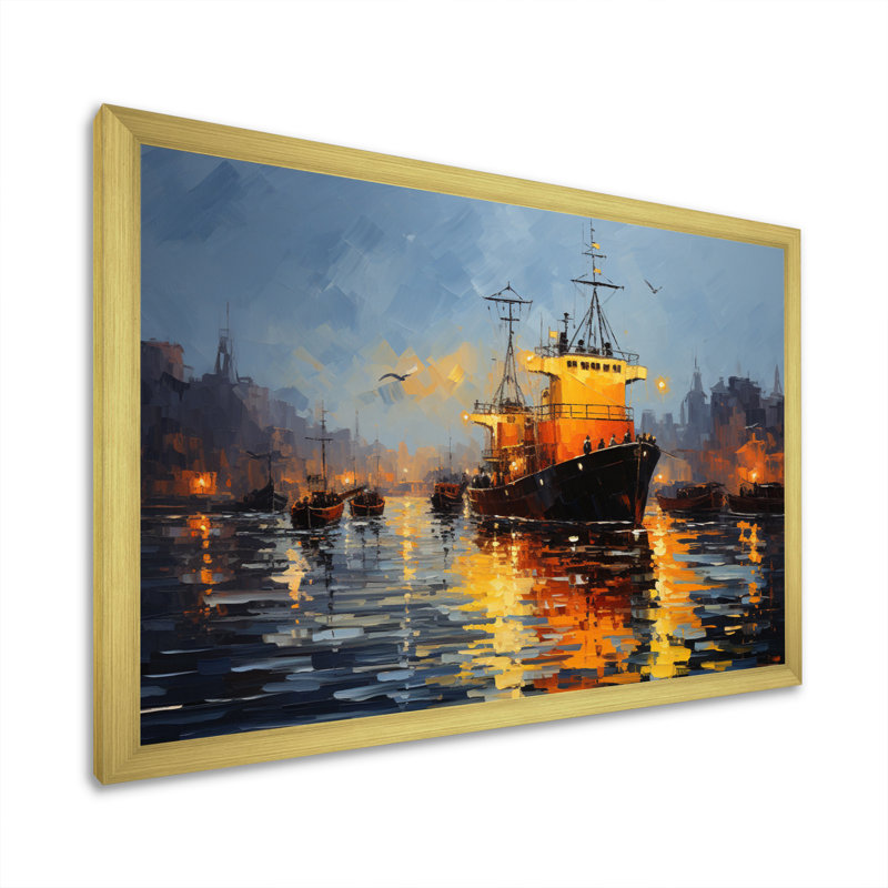 Port Harbor Symphony Pointillism, Encadrement doré, H 16 po x l 32 po x P 1 po