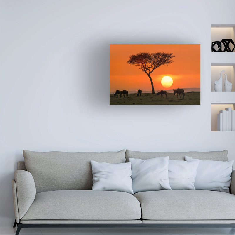 Hua Zhu Safari, coucher de soleil sur toile, H 12 po x l 19 po
