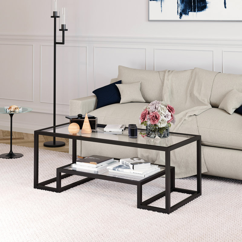 Athena Glass Top Coffee Table, Blackened Bronze, 17" H x 54" L x 24" W