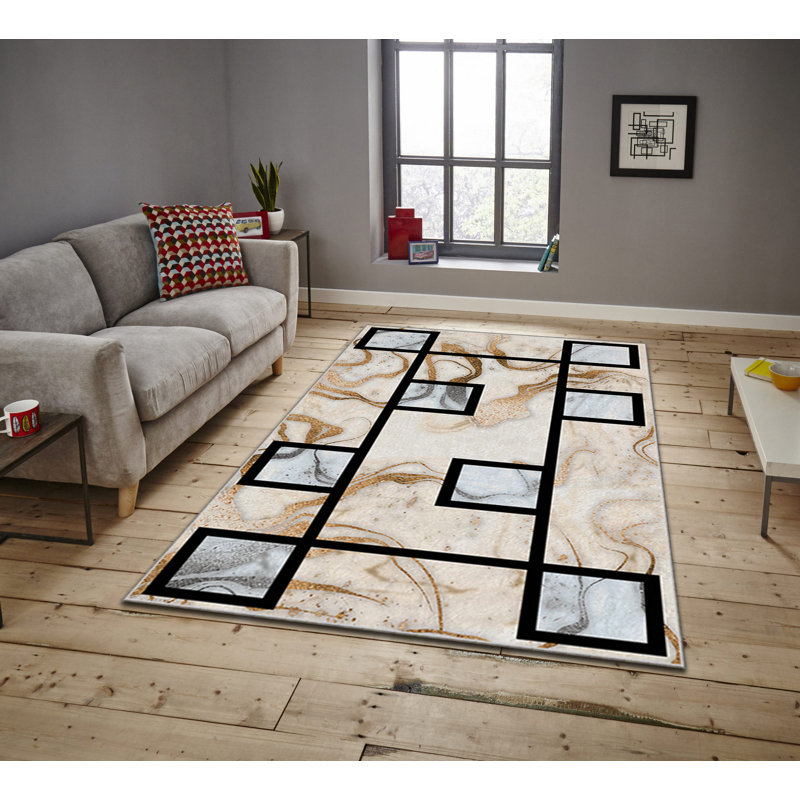 Tapis rectangulaire tissé à la machine en polyester ivoire / bleu Rectangle 71, Rectangle 4 pi 7 po x 7 pi 3 po