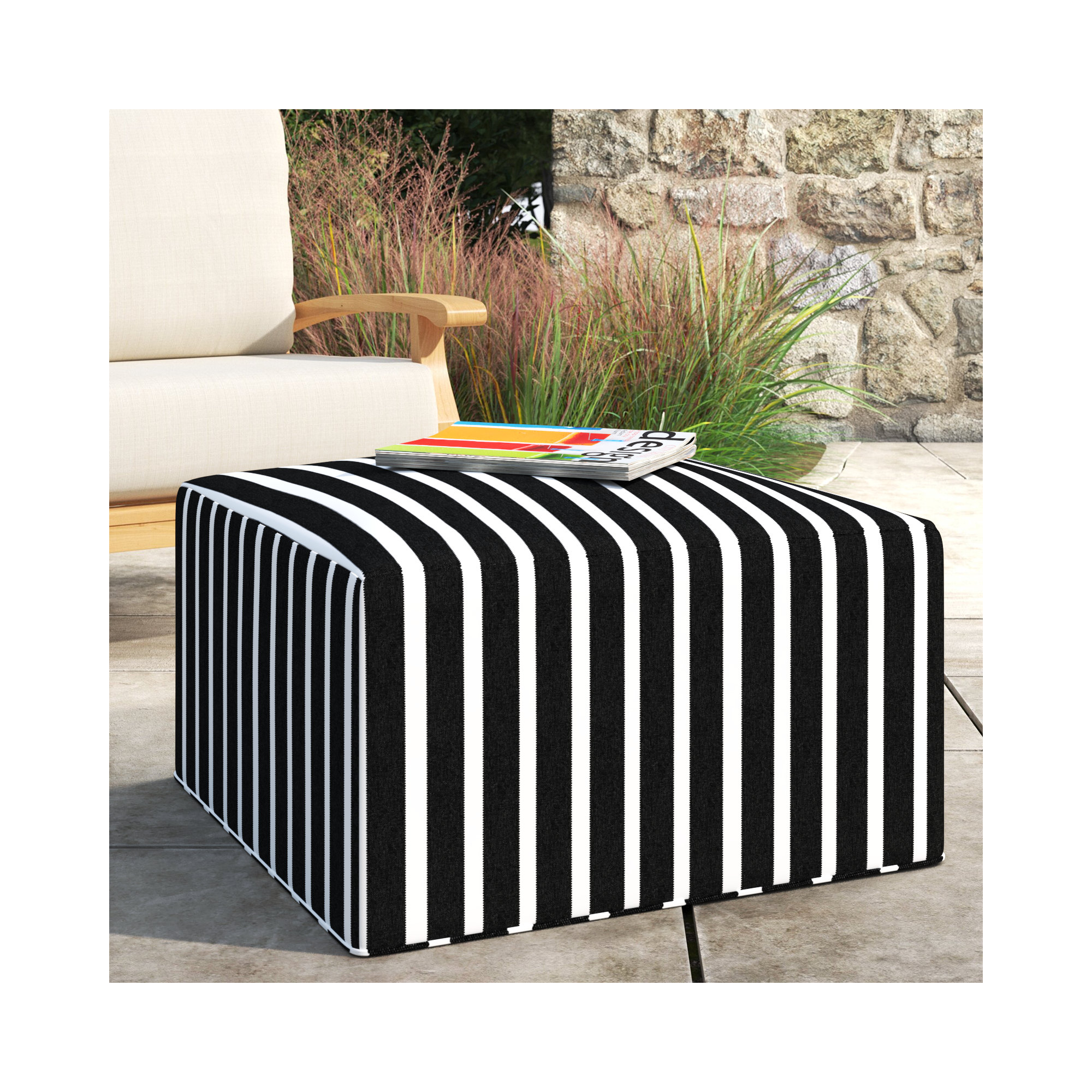 Eliana  Outdoor Ottoman, Shore Classic Black Stripe Sunbrella®