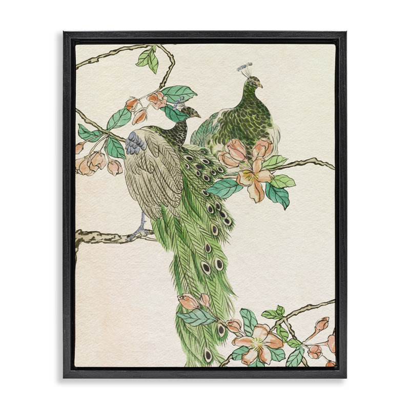 Art mural sur toile flottant avec paon traditionnel par Melissa Wang, Cadre flottant noir de jais, H 21 po x l 17 po