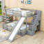 Lit superposé simple au dessus d'un lit double en bois avec glissoire, tablettes et escalier-116930049