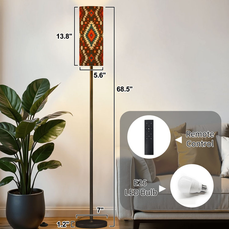 Lampe sur pied à motif géométrique aztèque rouge orange, bleu sarcelle, crème, à formes tribales, à intensité variable avec télécommande