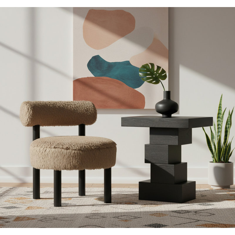Fauteuil d'appoint rembourré Ambre, Tissu peau de vache brun clair végétalien, Noir, noir, noir, noir
