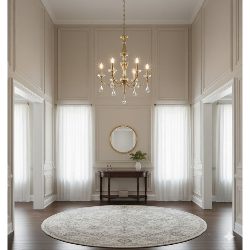 Traditional 6 Light Satin Brass Crystal Chandelier, Satin Brass, Champagne