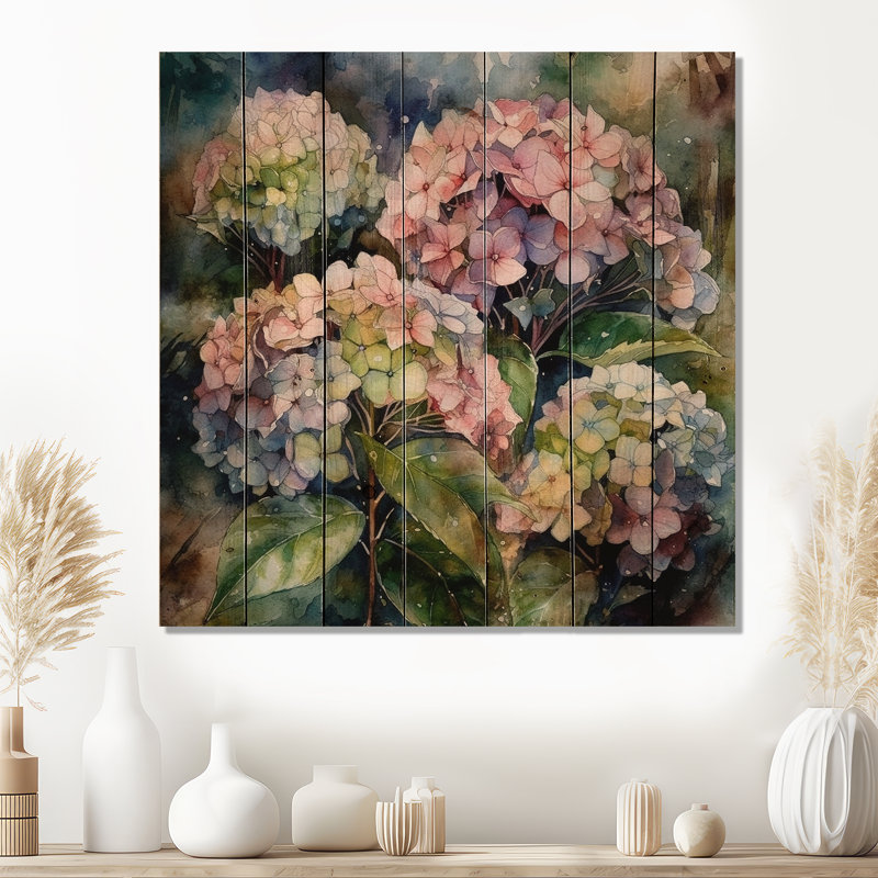 Hydreangea mauve, vert, impression sur bois naturel, H 15 po x l 15 po x P 0,78 po