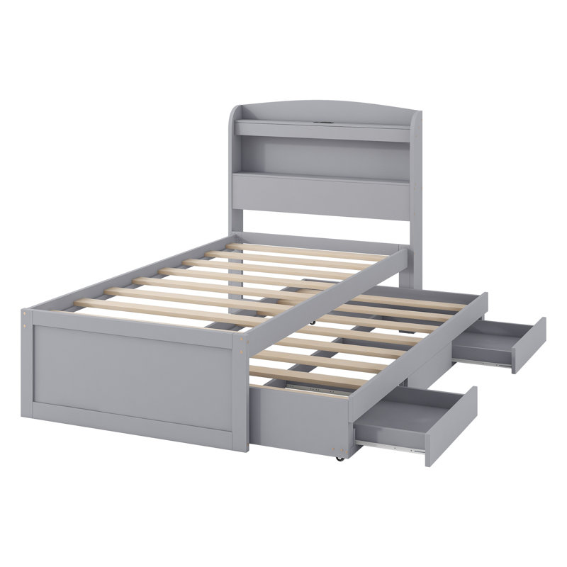 Lit plateforme simple TG avec tête de rangement, station de charge à DEL et lit gigogne, gris