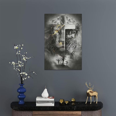«Jesus and Lion», art mural au beau monde, toile encadrée décorative en noir et blanc «Jesus the Cross», décoration murale inspirante pour la maison, salon, prêt à être accroché