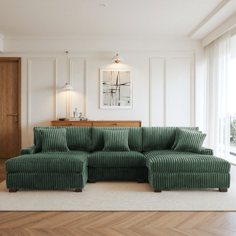 5 Seater Sofa & Chaise, Green Polyester/Foam Padding