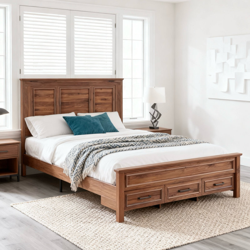 Farmhouse Platform Bedframe, Wood Bed Frame With 52" Tall Headboard, Brown, Queen