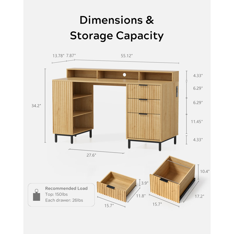55" Fluted Executive Office Desk With Storage Shelf & File Drawer, Oak