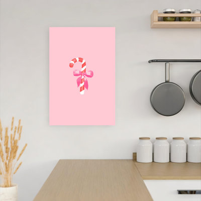 Pink Bow Candy Cane Traditional Whimsical Wall Art Print 1 Piece Wrapped Canvas Wall Art