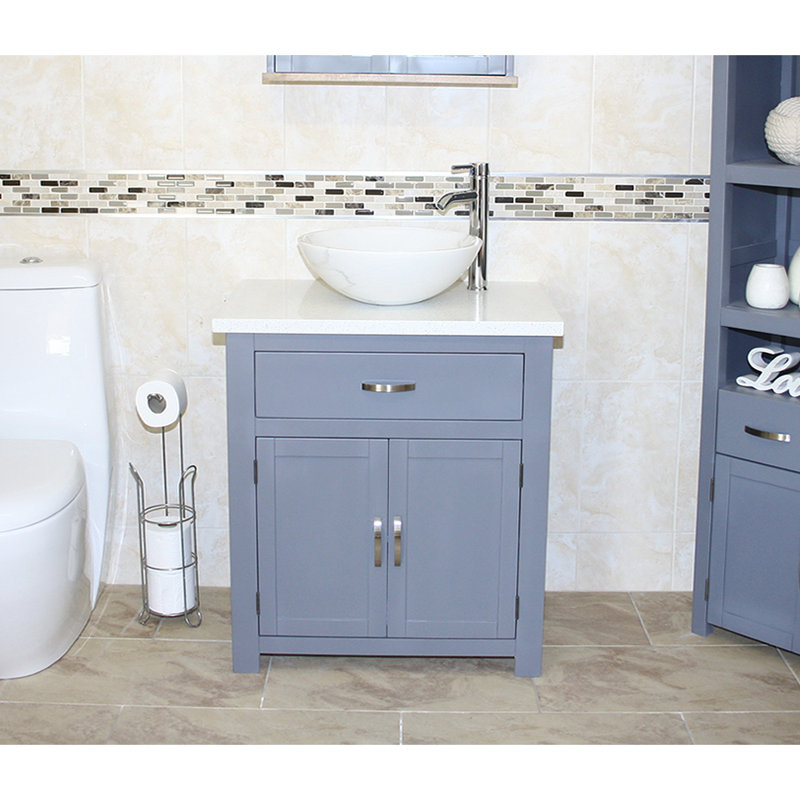 Roden 751mm Single Bathroom Vanity with Vessel Stone Basin, White Quartz, White, Grey