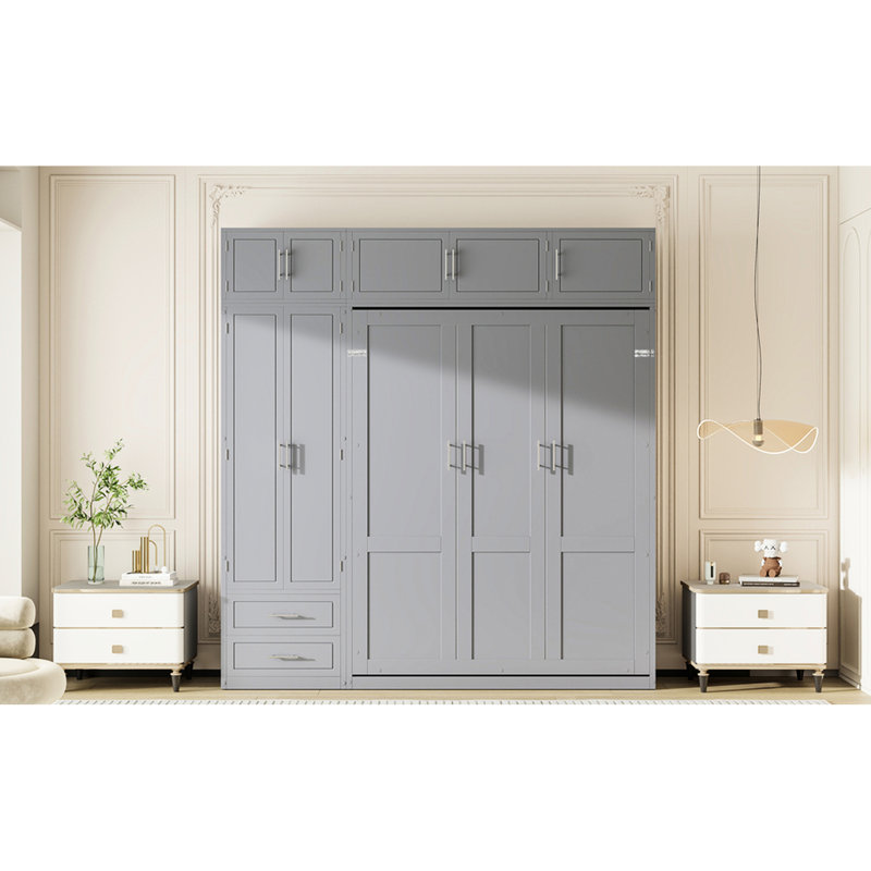 Grand lit gris avec tiroirs de rangement, tablette supérieure et garde-robe latérale pour les salles multifonctionnelles