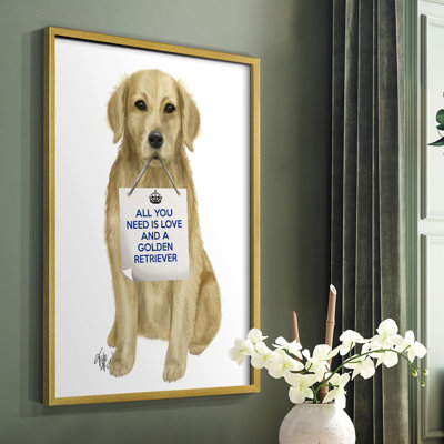 «Love and Golden Retriever», reproduction encadrée - bois massif