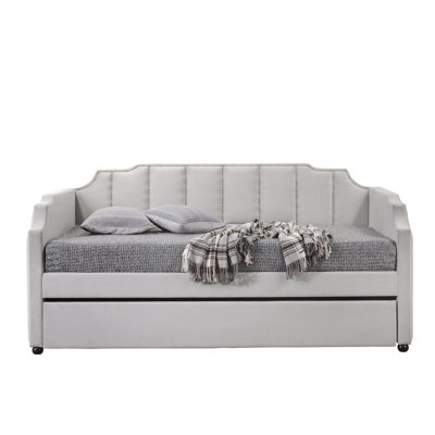 Lit de jour simple en velours gris avec couchette - horizontal, garniture cloutée, pieds ronds en bois, taille des pieds 45 mm, entièrement rembourré, arqué, rembourré, hauteur de matelas recommandée de 8 po, 43,61 po Profondeur du produit