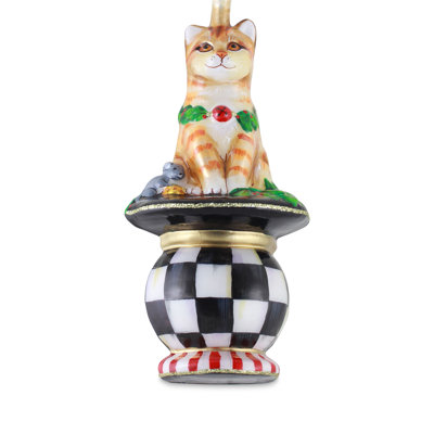 Cat On Tuffet Glass Ornament