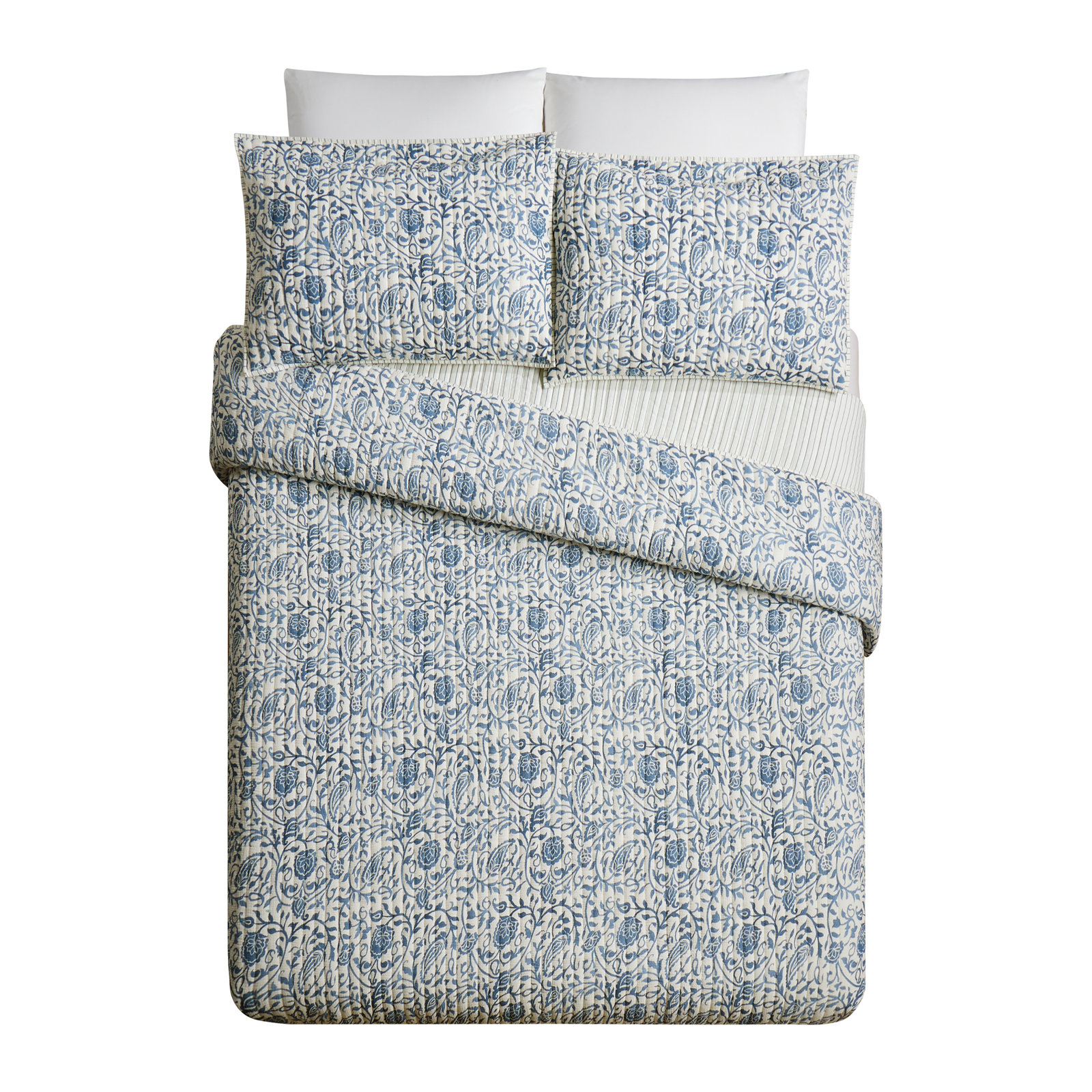 Eden Paisley Cotton Quilt Set, Full/Queen Quilt + 2 Standard Shams, Blue