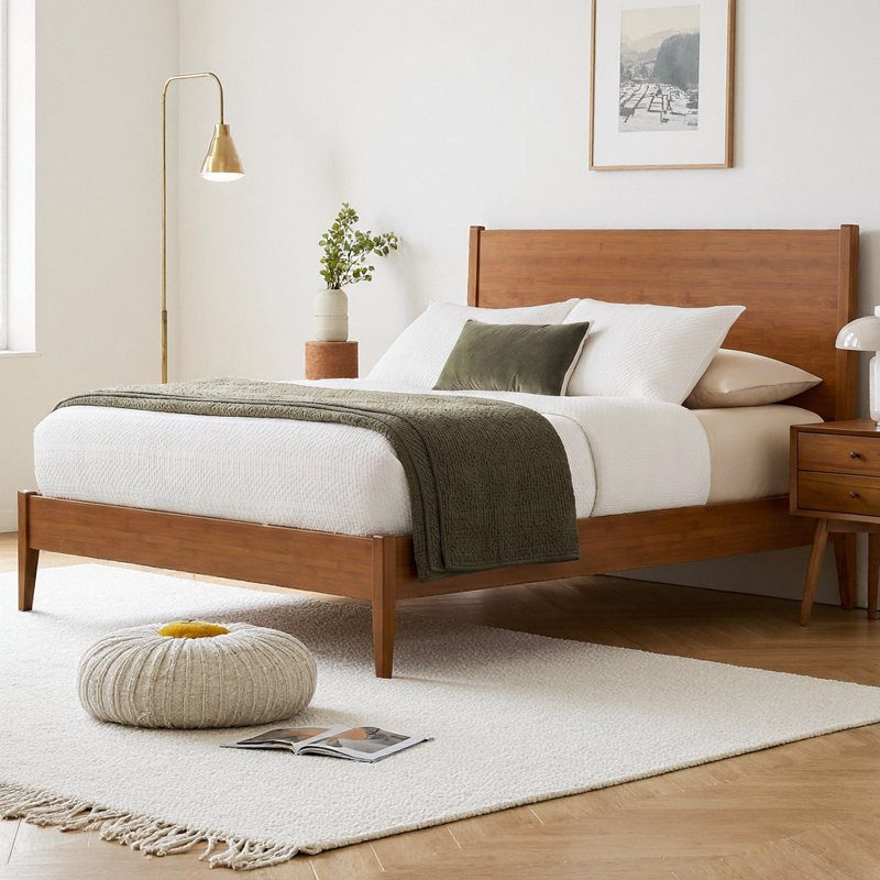 Structure de lit de grand lit en bambou massif avec lattes de bois et support en métal, conception moderne Mid-Century, sans sommier tapissier, capacité de 800 lb, sans bruit, assemblage facile