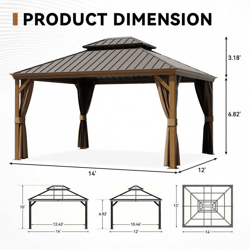14 pi. L 12 pi. D Pavillon de jardin extérieur en aluminium à toit rigide avec toit à double couche, rideaux et moustiquaire