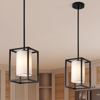 2-Light Industrial Single Kitchen Island Pendant Lantern White Fabric Cylinder Shades Ceiling Hanging Light Fixture