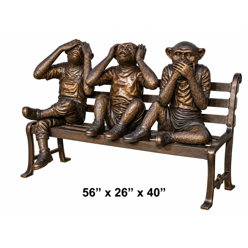 Sculptures & Beyond Three Monkeys on Bench Cast Bronze Sculpture – Lost-Wax Bronze with Hand-Applied Patina – Whimsical Wildlife Decorative Art for Home, Garden, Patio & Outdoor Décor – The Unspoken Rules – 40"H