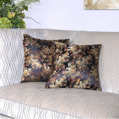 Coussin Brocade, noir, floral doré