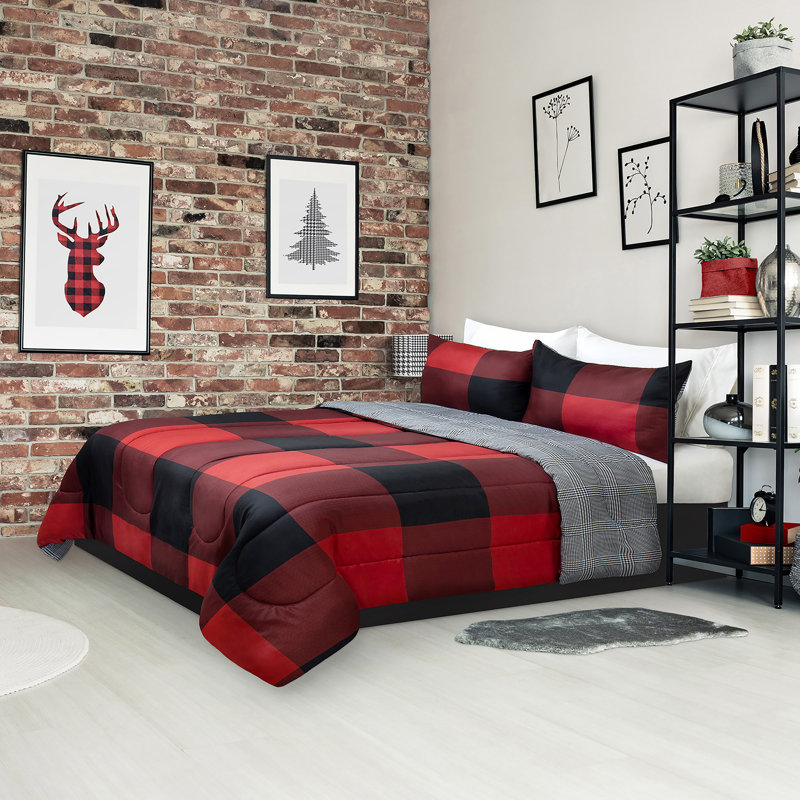 Ensemble d'édredon Buffalo, À damier, Rouge/gris, Édredon simple + 1 Taie décorative