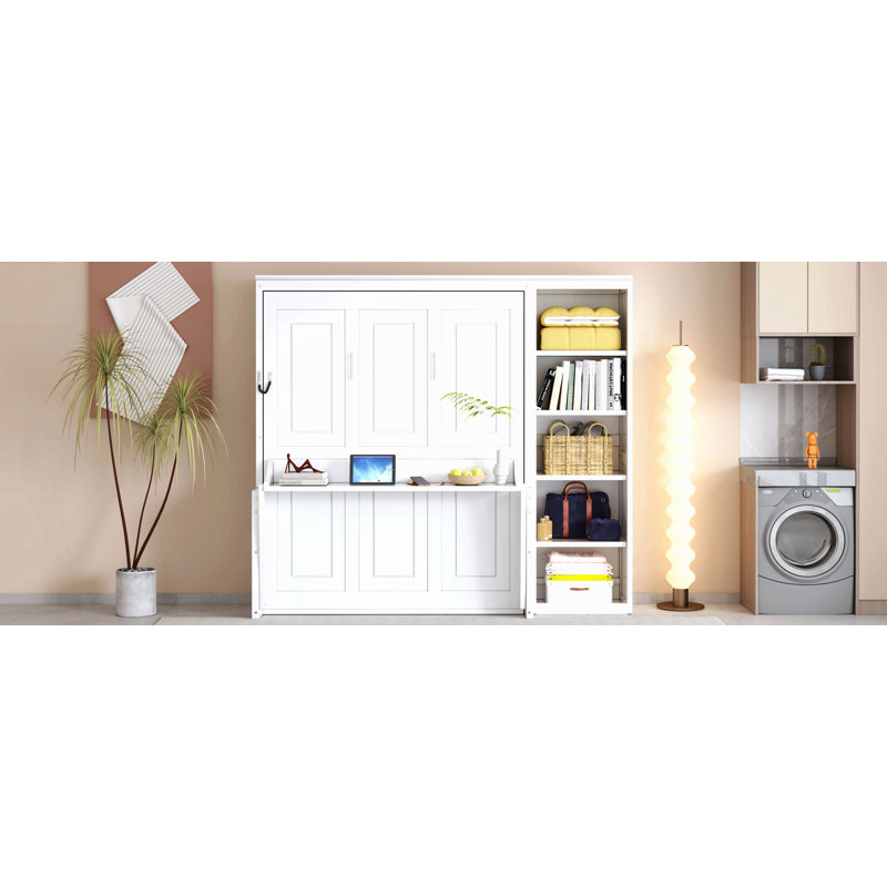 Lit escamotable avec bureau et bibliothèque Murphy, Lit double, Blanc